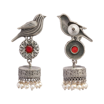 Chakori- Silver Brass Oxidised Jhumka Earrings(Red)