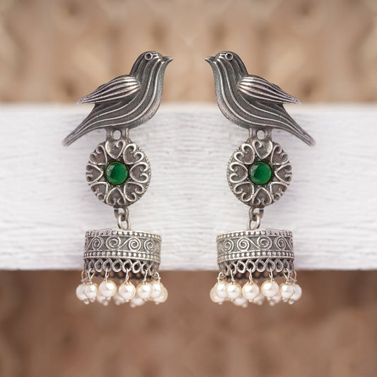 Chakori- Silver Brass Oxidised Jhumka Earrings( Green)