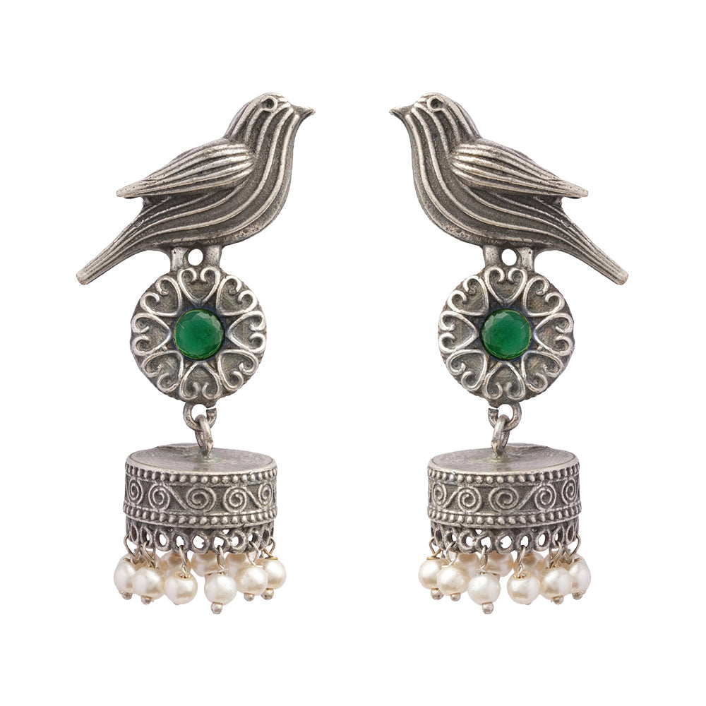 Chakori- Silver Brass Oxidised Jhumka Earrings( Green)