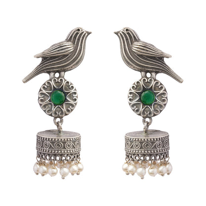 Chakori- Silver Brass Oxidised Jhumka Earrings( Green)