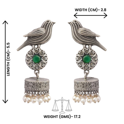 Chakori- Silver Brass Oxidised Jhumka Earrings( Green)