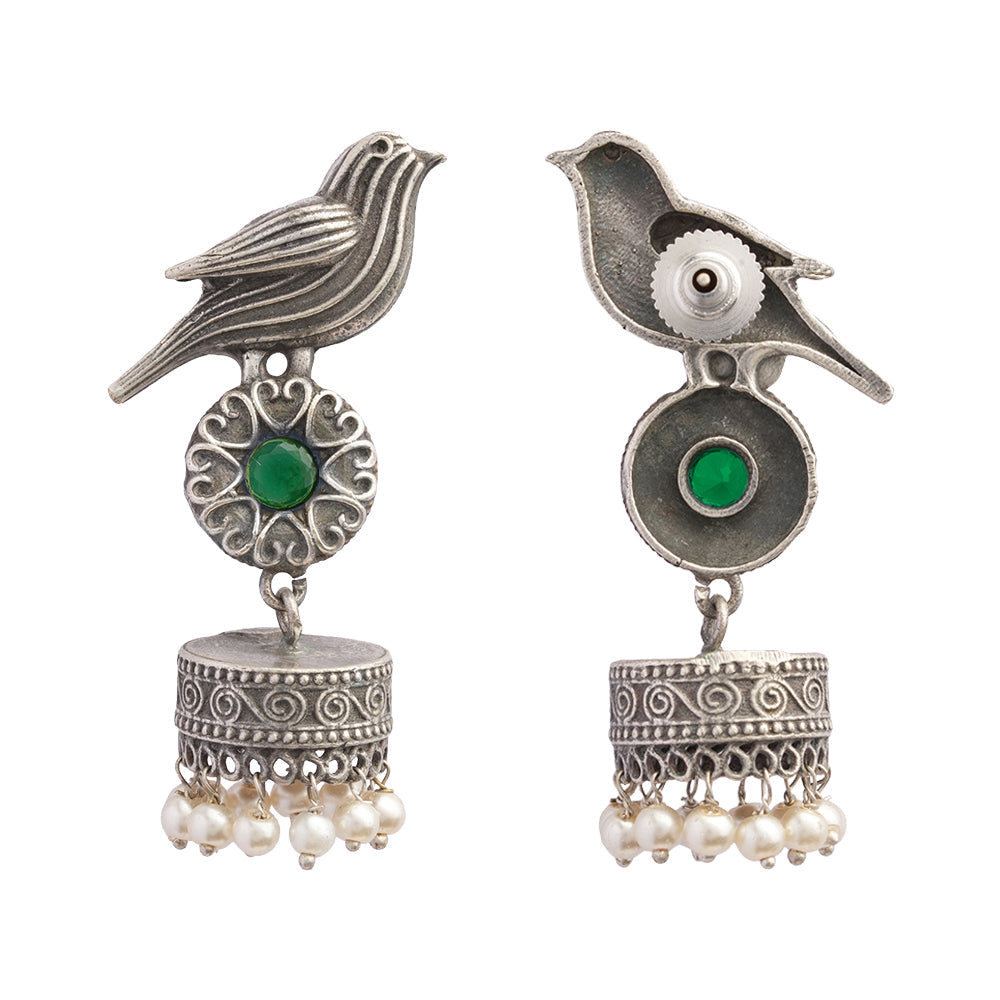 Chakori- Silver Brass Oxidised Jhumka Earrings( Green)