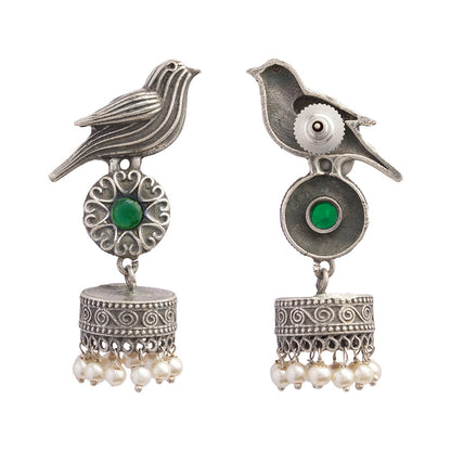 Chakori- Silver Brass Oxidised Jhumka Earrings( Green)
