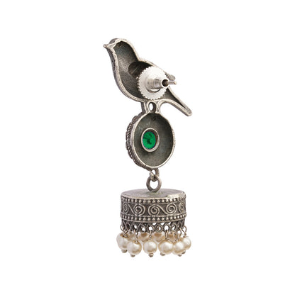 Chakori- Silver Brass Oxidised Jhumka Earrings( Green)