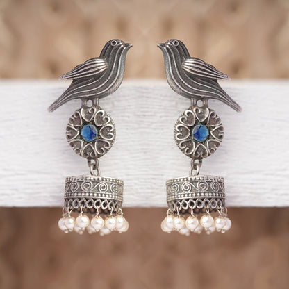 Chakori- Silver Brass Oxidised Jhumka Earrings( Blue)