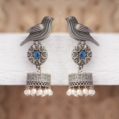 Chakori- Silver Brass Oxidised Jhumka Earrings( Aqua Blue)