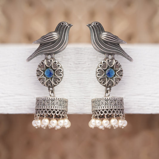 Chakori- Silver Brass Oxidised Jhumka Earrings( Aqua Blue)