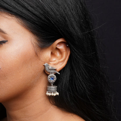 Chakori- Silver Brass Oxidised Jhumka Earrings( Aqua Blue)