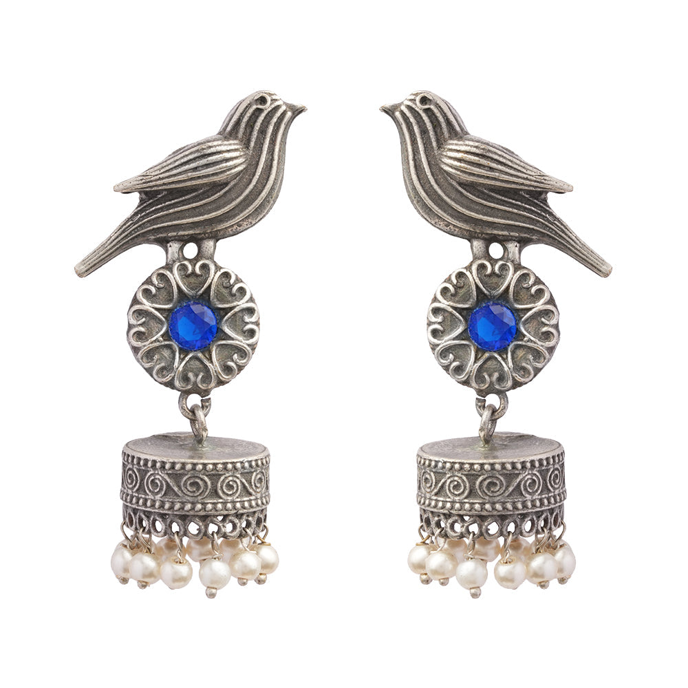 Chakori- Silver Brass Oxidised Jhumka Earrings( Blue)