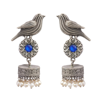 Chakori- Silver Brass Oxidised Jhumka Earrings( Blue)