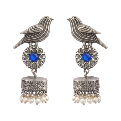 Chakori- Silver Brass Oxidised Jhumka Earrings( Aqua Blue)