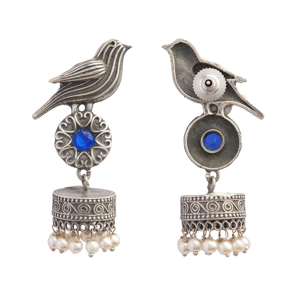 Chakori- Silver Brass Oxidised Jhumka Earrings( Blue)