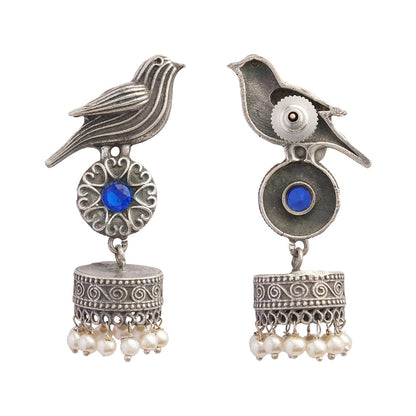 Chakori- Silver Brass Oxidised Jhumka Earrings( Blue)