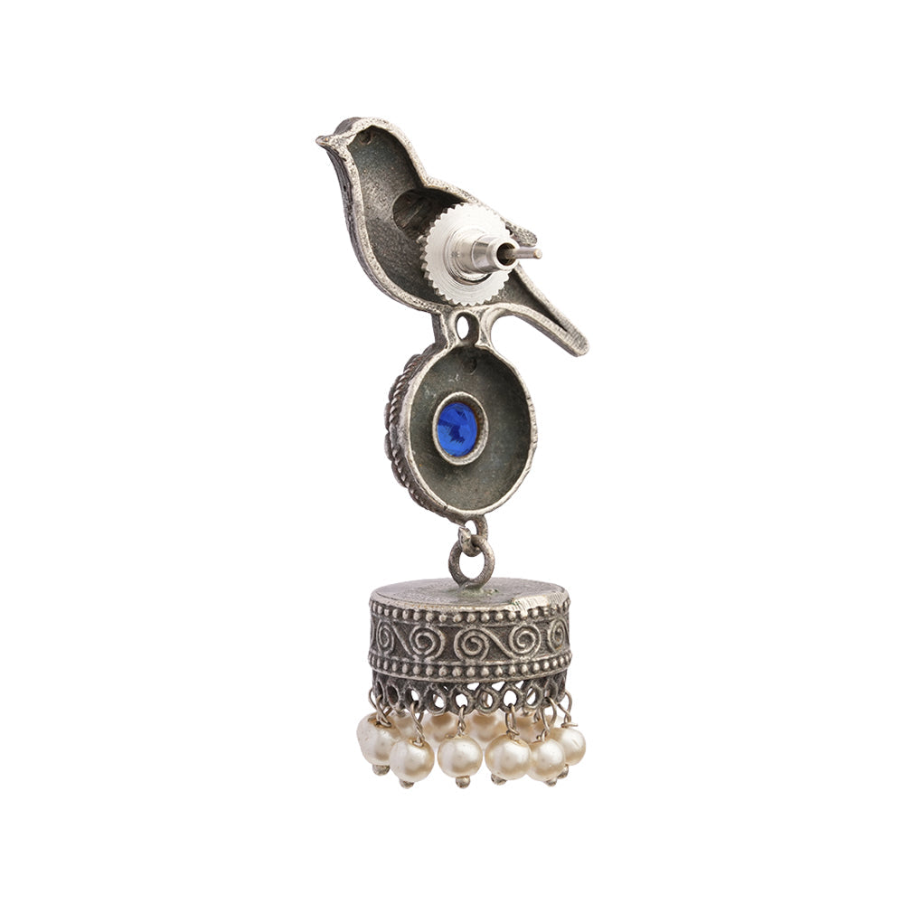 Chakori- Silver Brass Oxidised Jhumka Earrings( Blue)