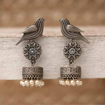 Chakori- Silver Brass Oxidised Jhumka Earrings(White)
