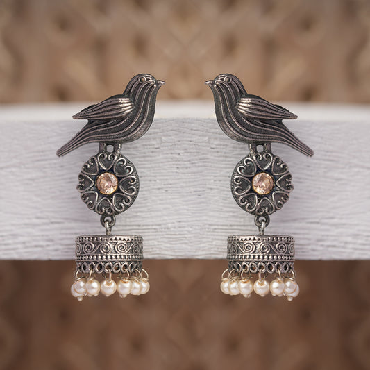 Chakori- Silver Brass Oxidised Jhumka Earrings(Baby Pink)