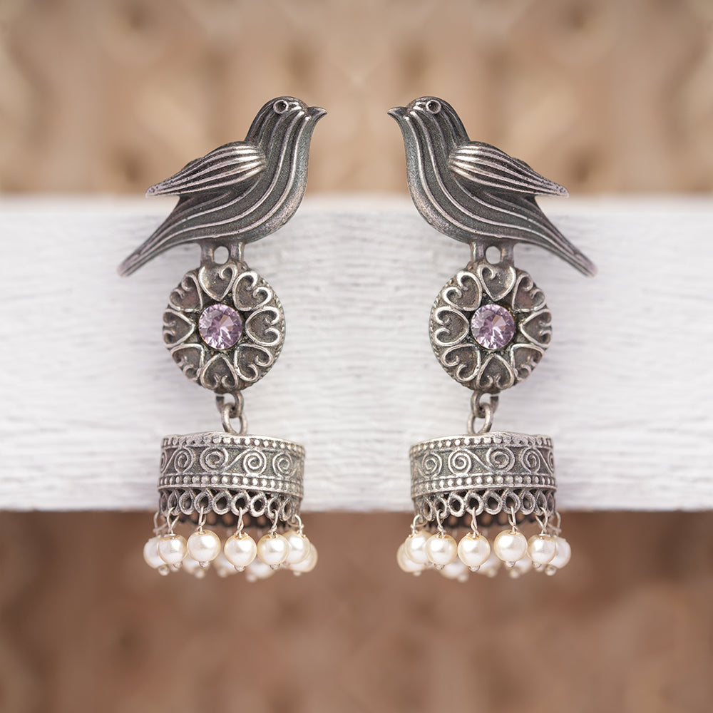 Chakori- Silver Brass Oxidised Jhumka Earrings(Baby Pink)