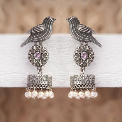 Chakori- Silver Brass Oxidised Jhumka Earrings(Baby Pink)