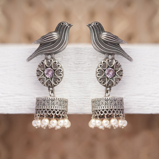 Chakori- Silver Brass Oxidised Jhumka Earrings(Baby Pink)