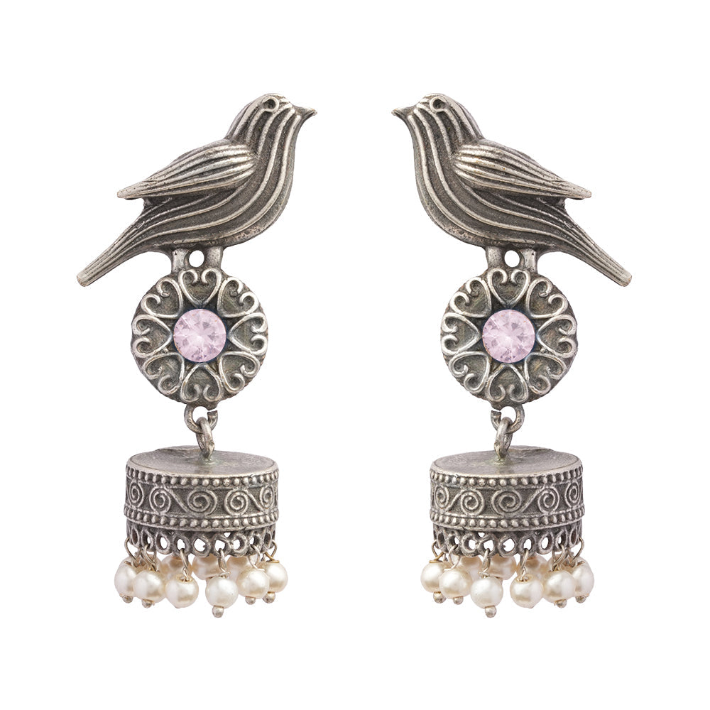 Chakori- Silver Brass Oxidised Jhumka Earrings(Baby Pink)