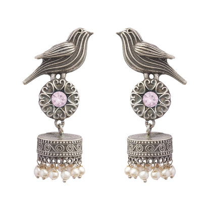 Chakori- Silver Brass Oxidised Jhumka Earrings(Baby Pink)