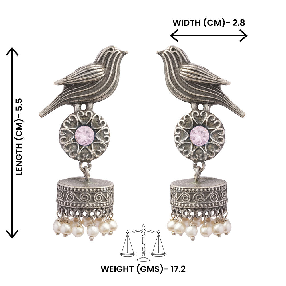 Chakori- Silver Brass Oxidised Jhumka Earrings(Baby Pink)
