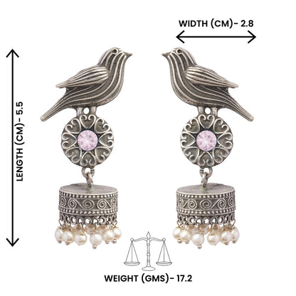 Chakori- Silver Brass Oxidised Jhumka Earrings(Baby Pink)