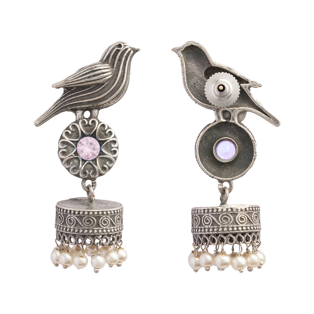 Chakori- Silver Brass Oxidised Jhumka Earrings(Baby Pink)