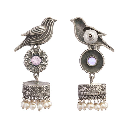 Chakori- Silver Brass Oxidised Jhumka Earrings(Baby Pink)
