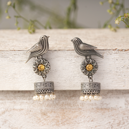 Chakori- Silver Brass Oxidised Jhumka Earrings(Yellow)