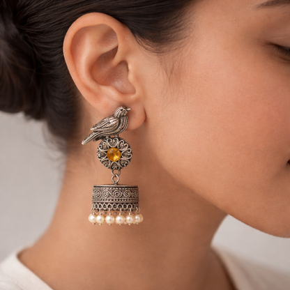 Chakori- Silver Brass Oxidised Jhumka Earrings(Yellow)