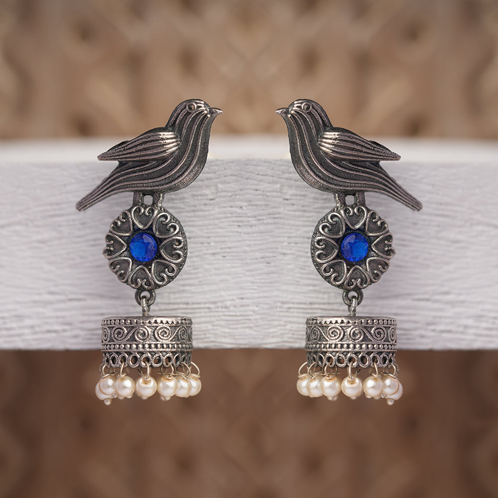 Chakori- Silver Brass Oxidised Jhumka Earrings( Aqua Blue)