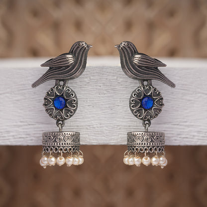 Chakori- Silver Brass Oxidised Jhumka Earrings( Aqua Blue)