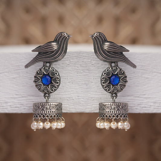 Chakori- Silver Brass Oxidised Jhumka Earrings( Blue)