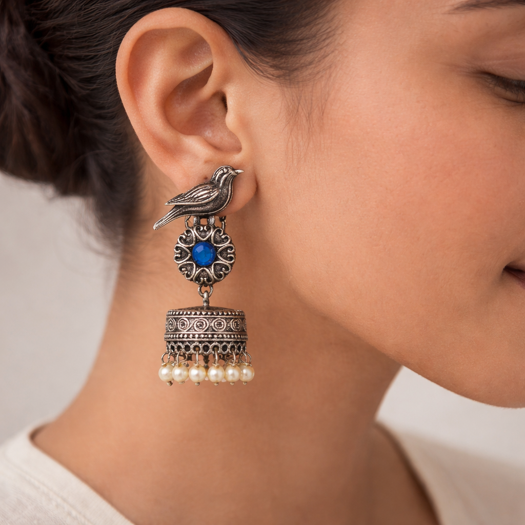 Chakori- Silver Brass Oxidised Jhumka Earrings( Aqua Blue)