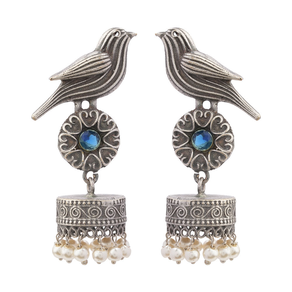 Chakori- Silver Brass Oxidised Jhumka Earrings( Aqua Blue)
