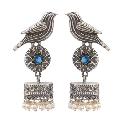 Chakori- Silver Brass Oxidised Jhumka Earrings( Aqua Blue)