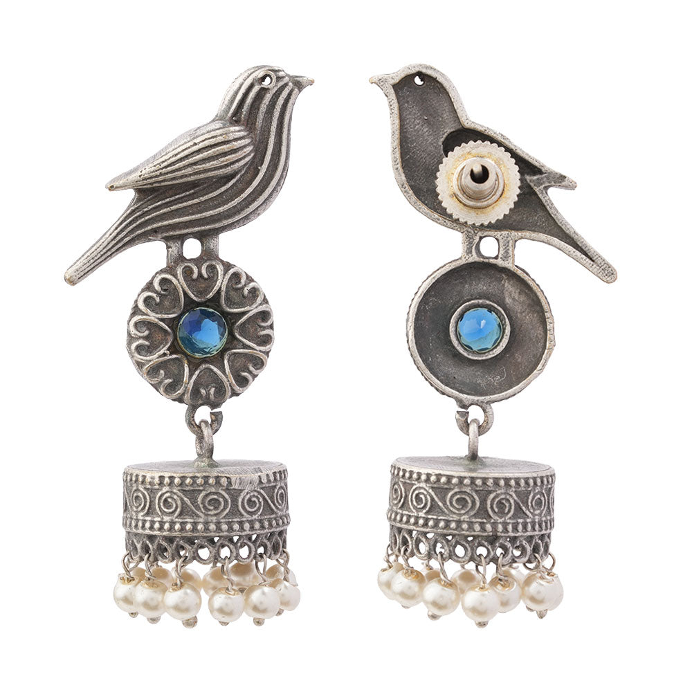 Chakori- Silver Brass Oxidised Jhumka Earrings( Aqua Blue)