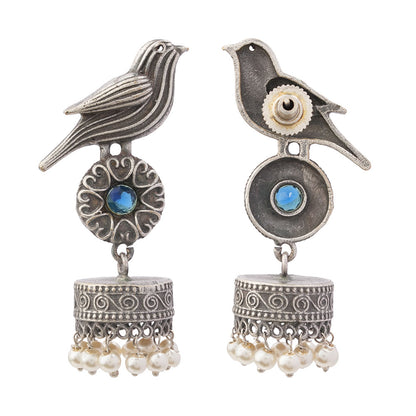 Chakori- Silver Brass Oxidised Jhumka Earrings( Aqua Blue)