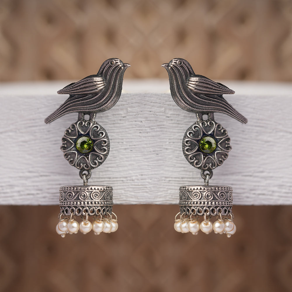 Chakori- Silver Brass Oxidised Jhumka Earrings(Parrot Green)