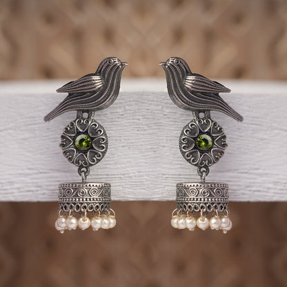 Chakori- Silver Brass Oxidised Jhumka Earrings(Parrot Green)