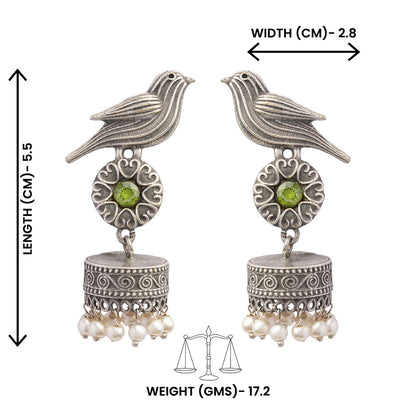 Chakori- Silver Brass Oxidised Jhumka Earrings(Parrot Green)