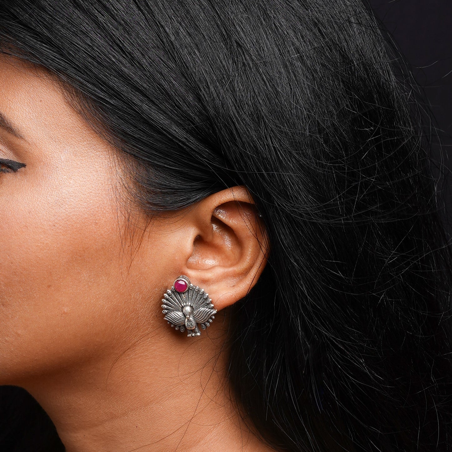 Pakshi- Silver oxidised Stone-Studded stud earrings