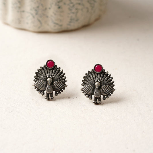 Pakshi- Silver oxidised stone studded stud earrings