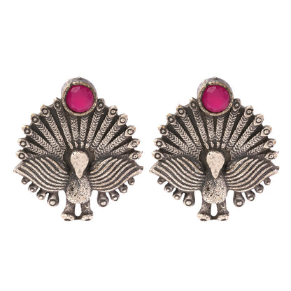 Pakshi- Silver oxidised stone studded stud earrings