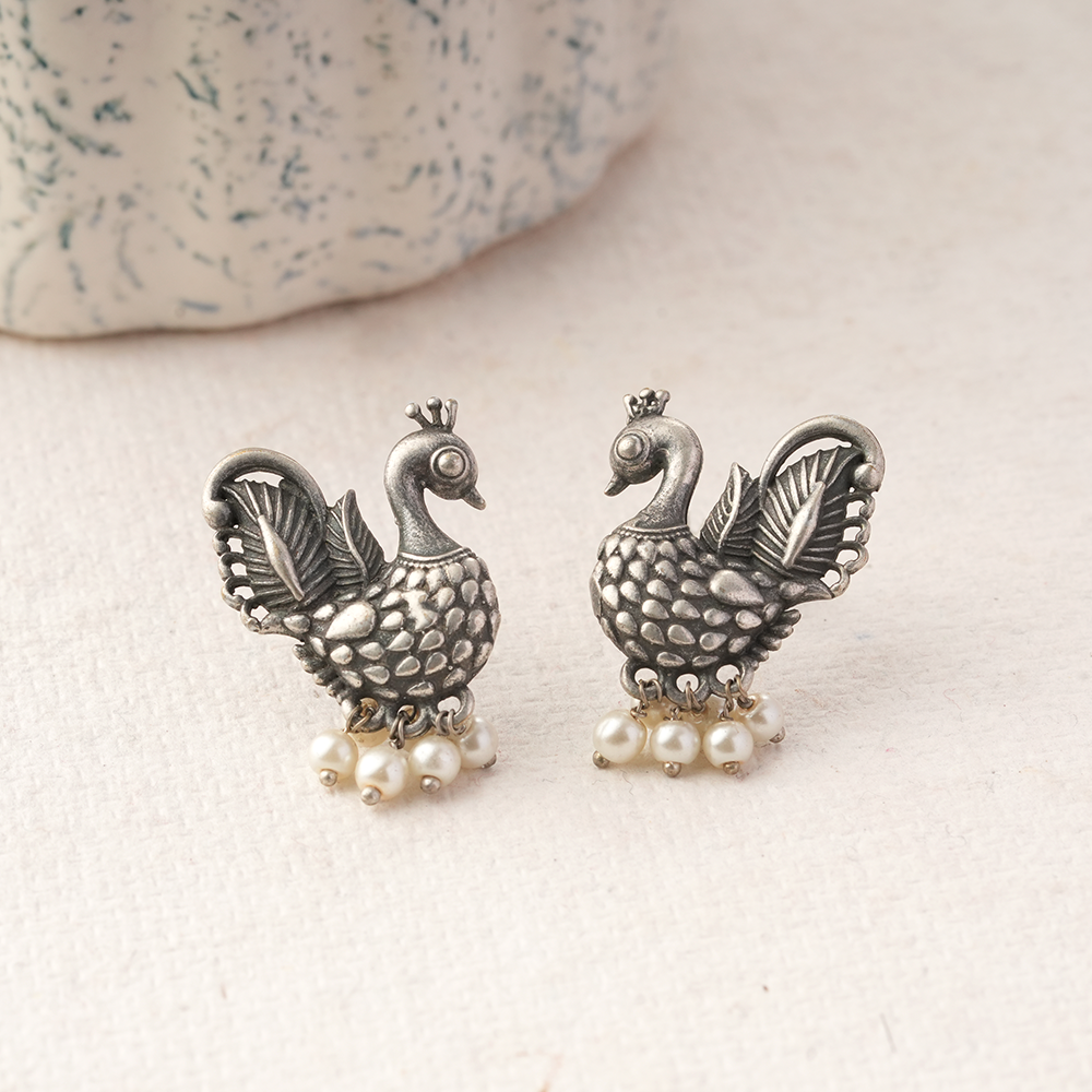 MotiMayur- Silver Brass Pearl dangler earrings