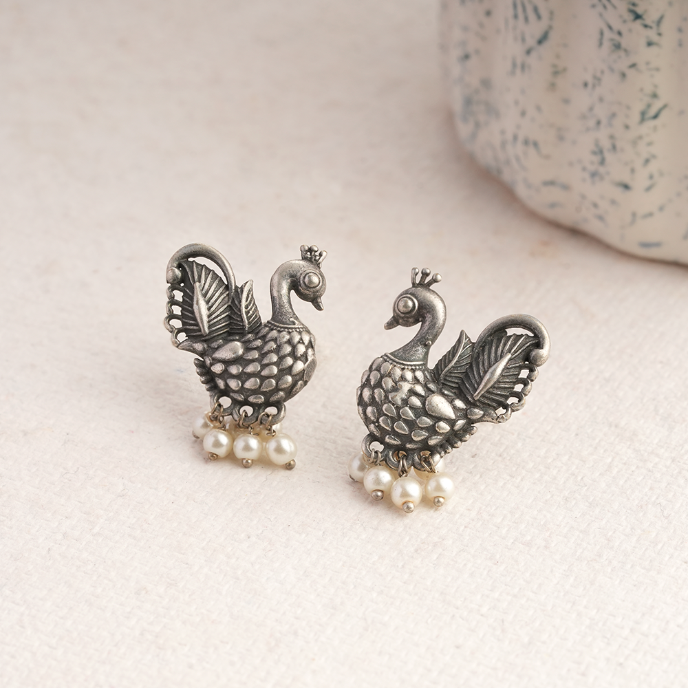 MotiMayur- Silver Brass Pearl dangler earrings