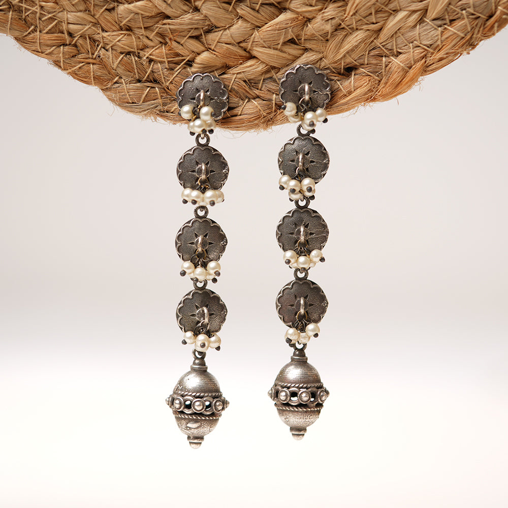 Pushprekha- Silver Brass Oxidisd dangler earrings