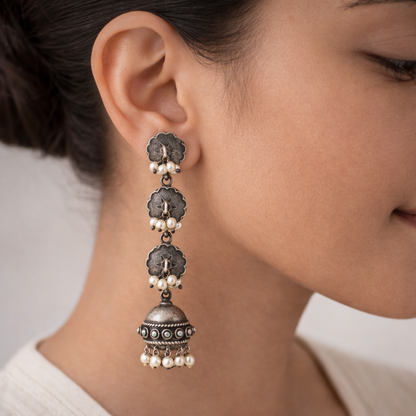 Pushprekha- Silver Brass Oxidisd dangler earrings