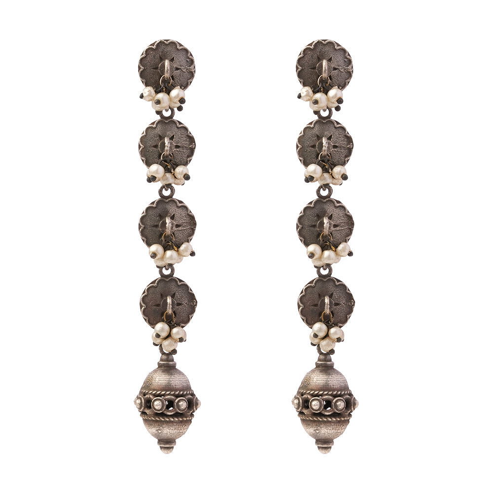 Pushprekha- Silver Brass Oxidisd dangler earrings